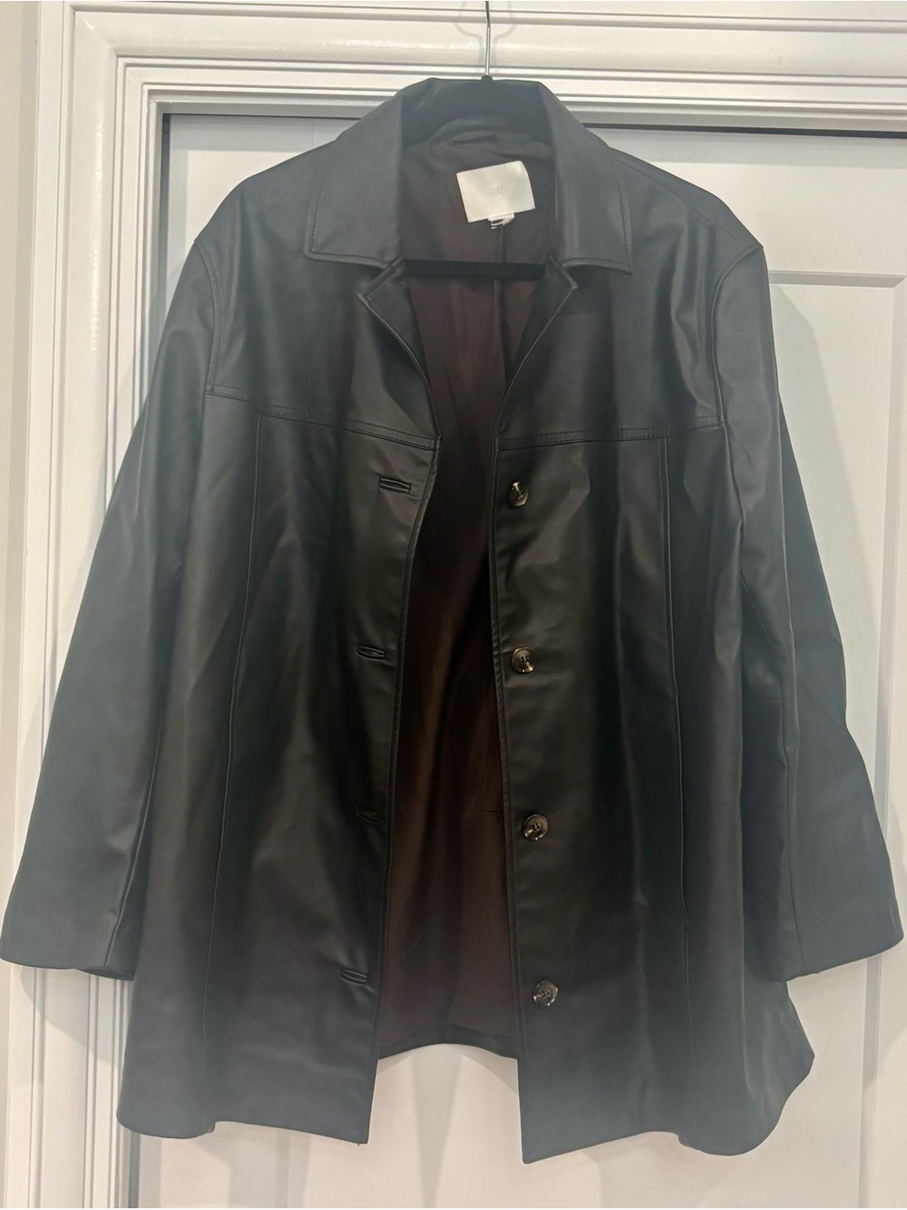 Women’s Black Faux Leather Button-Front Coat Large H and M